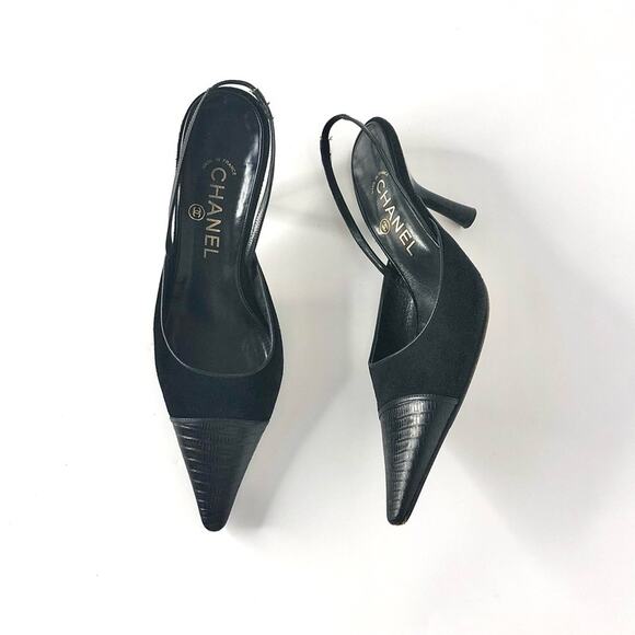 Vintage Chanel Cap Toe Black Leather Pointed Toe Slingback Pumps 36.5 - Picture 1 of 8